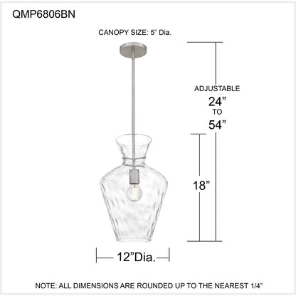 Quoizel Hollis 12in 1-Light Pendant | Transitional Brushed Nickel and Clear Water Glass | Kitchen Island & Bar Area | Model QMP6806BN