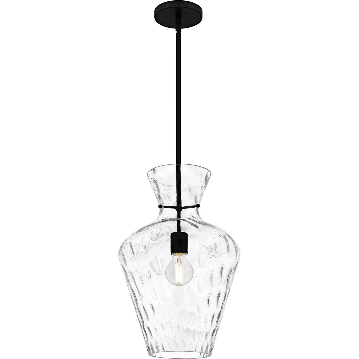 Quoizel Hollis 12in 1-Light Pendant | Transitional Matte Black and Clear Water Glass | Kitchen Island & Dining Room | Model QMP6806MBK
