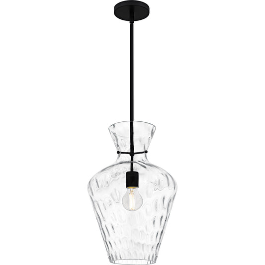 Quoizel Hollis 12in 1-Light Pendant | Transitional Matte Black and Clear Water Glass | Kitchen Island & Dining Room | Model QMP6806MBK