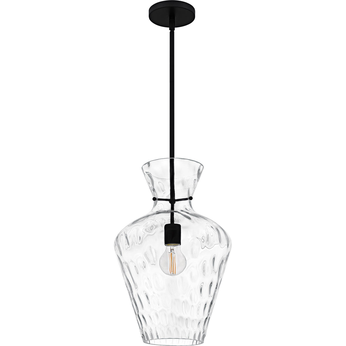 Quoizel Hollis 12in 1-Light Pendant | Transitional Matte Black and Clear Water Glass | Kitchen Island & Dining Room | Model QMP6806MBK