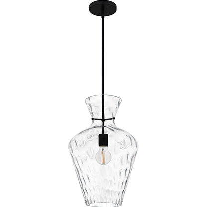 Quoizel Hollis 12in 1-Light Pendant | Transitional Matte Black and Clear Water Glass | Kitchen Island & Dining Room | Model QMP6806MBK