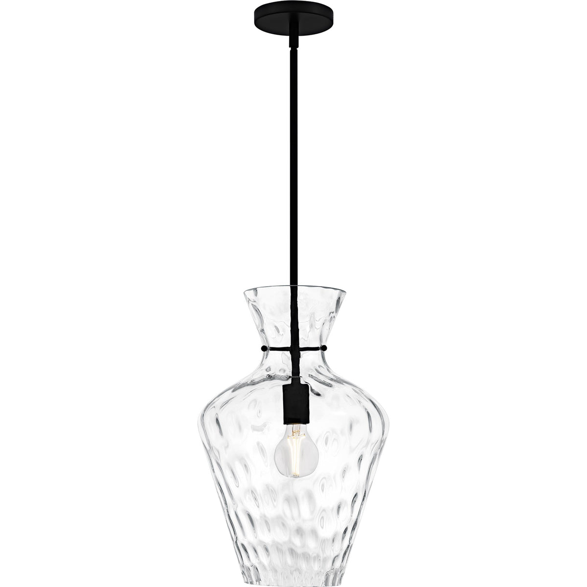 Quoizel Hollis 12in 1-Light Pendant | Transitional Matte Black and Clear Water Glass | Kitchen Island & Dining Room | Model QMP6806MBK