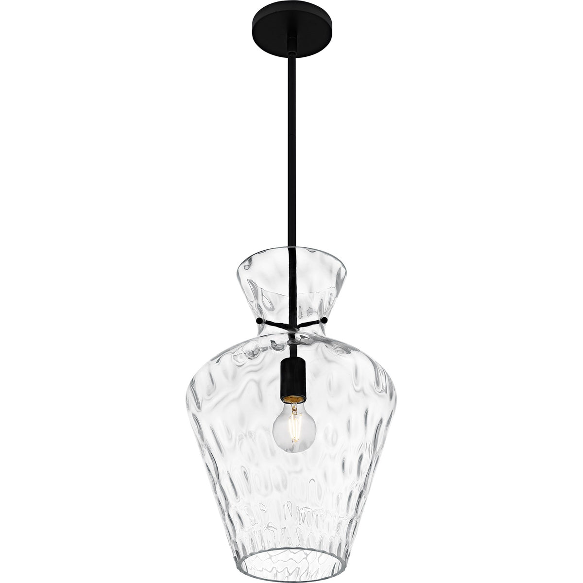 Quoizel Hollis 12in 1-Light Pendant | Transitional Matte Black and Clear Water Glass | Kitchen Island & Dining Room | Model QMP6806MBK
