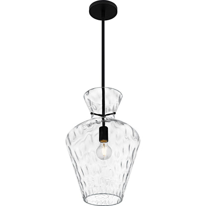 Quoizel Hollis 12in 1-Light Pendant | Transitional Matte Black and Clear Water Glass | Kitchen Island & Dining Room | Model QMP6806MBK