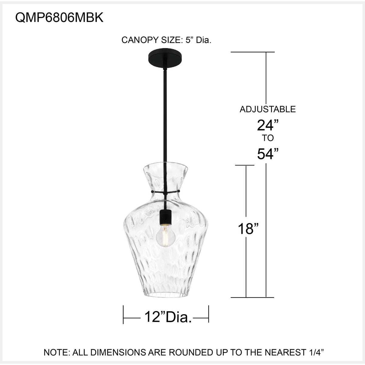Quoizel Hollis 12in 1-Light Pendant | Transitional Matte Black and Clear Water Glass | Kitchen Island & Dining Room | Model QMP6806MBK