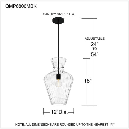 Quoizel Hollis 12in 1-Light Pendant | Transitional Matte Black and Clear Water Glass | Kitchen Island & Dining Room | Model QMP6806MBK