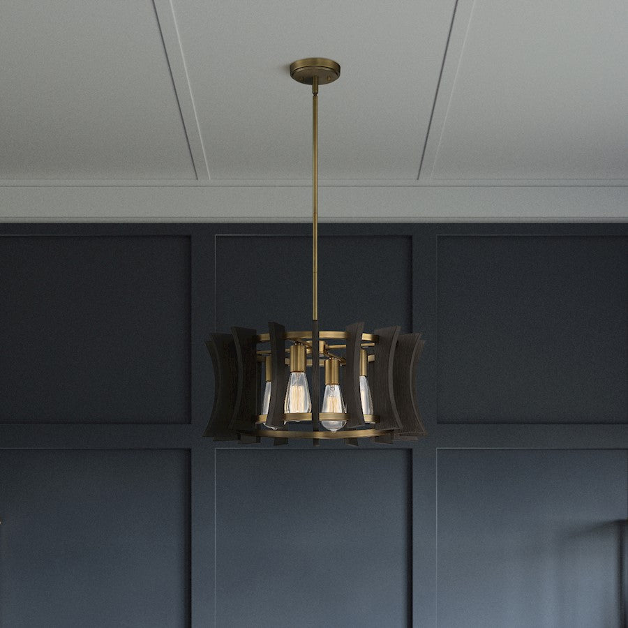 4 Light Pendant, Aged Brass