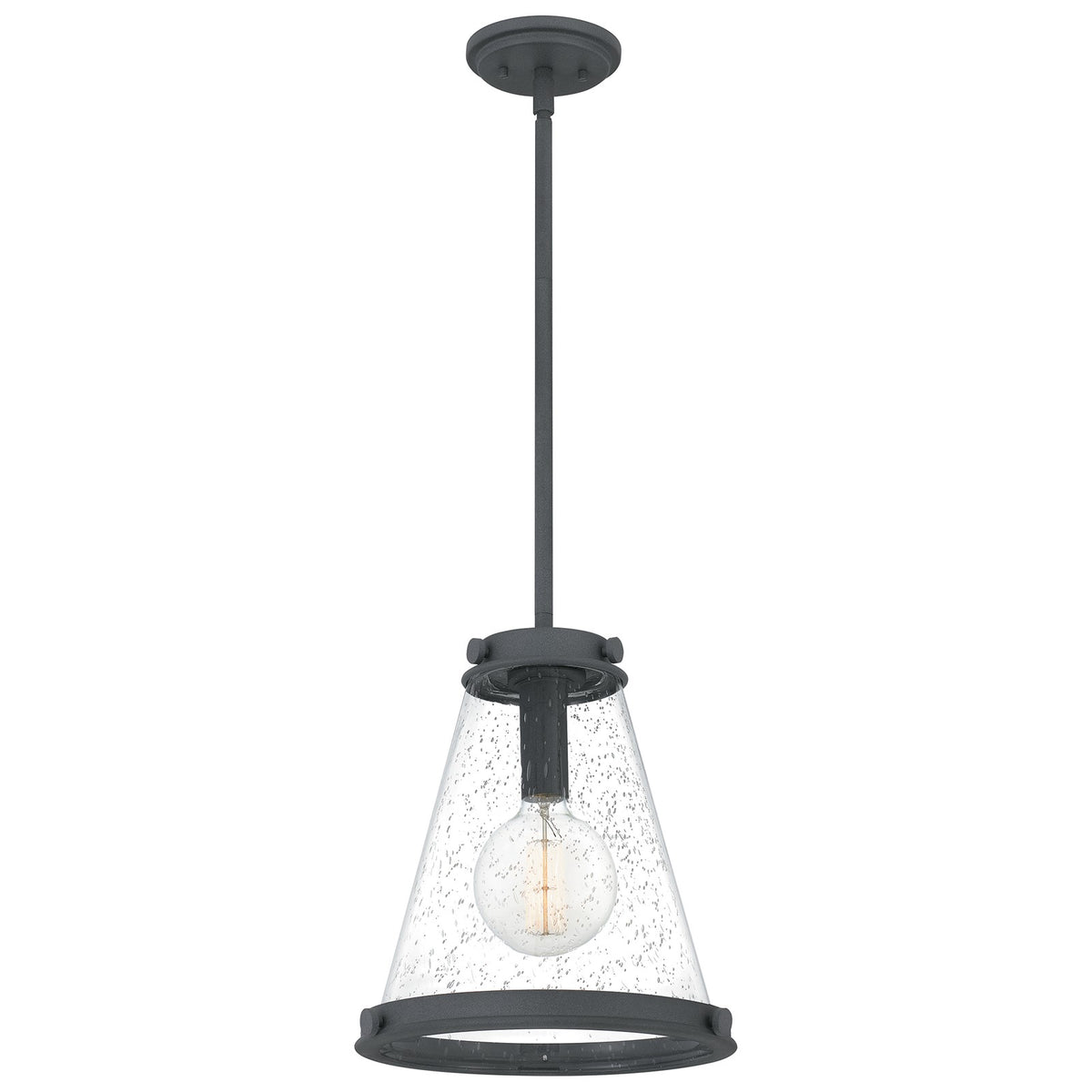 Quoizel Bristol 13in 1-Light Pendant | Industrial Mottled Black and Clear Seedy Glass | Kitchen Island & Dining Room | Model QP5260MB