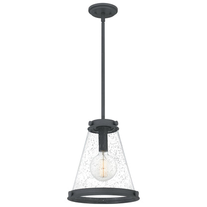 Quoizel Bristol 13in 1-Light Pendant | Industrial Mottled Black and Clear Seedy Glass | Kitchen Island & Dining Room | Model QP5260MB