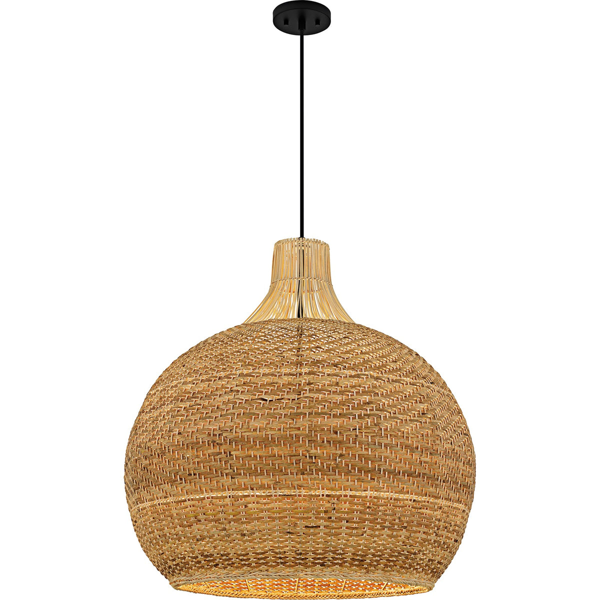 Quoizel Sycamore 28in 4-Light Pendant | Coastal Matte Black and Natural Rattan | Dining Room & Entryway | 28 x 28 x 28.75 in | Model QP6796MBK