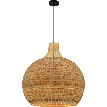 Quoizel Sycamore 28in 4-Light Pendant | Coastal Matte Black and Natural Rattan | Dining Room & Entryway | 28 x 28 x 28.75 in | Model QP6796MBK