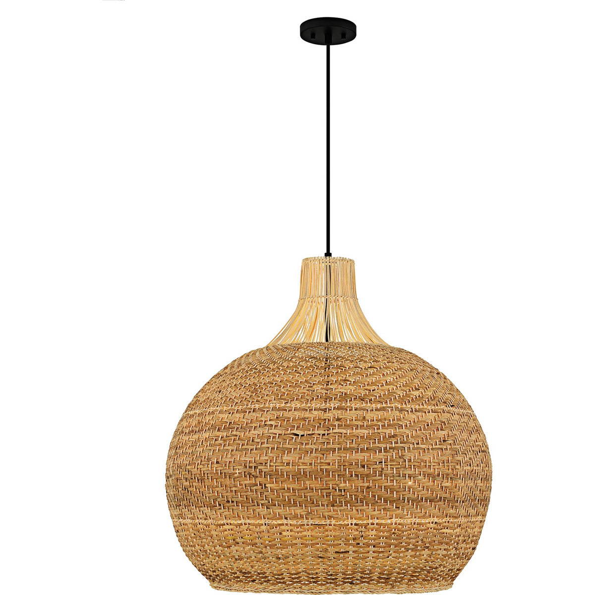 Quoizel Sycamore 28in 4-Light Pendant | Coastal Matte Black and Natural Rattan | Dining Room & Entryway | 28 x 28 x 28.75 in | Model QP6796MBK