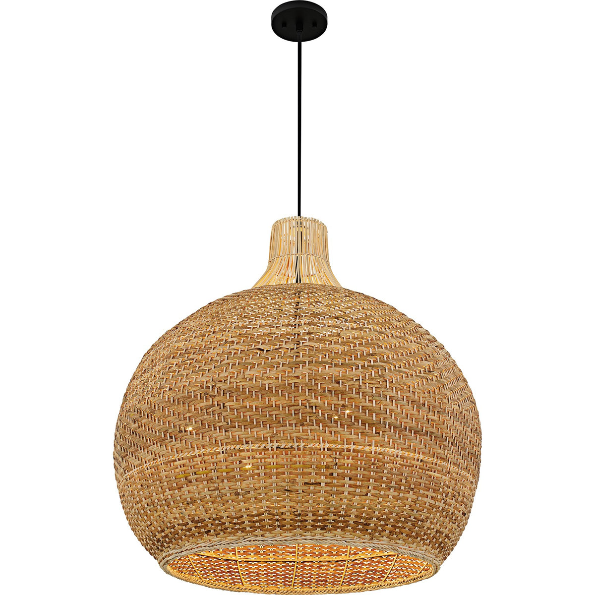 Quoizel Sycamore 28in 4-Light Pendant | Coastal Matte Black and Natural Rattan | Dining Room & Entryway | 28 x 28 x 28.75 in | Model QP6796MBK