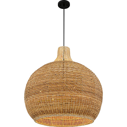 Quoizel Sycamore 28in 4-Light Pendant | Coastal Matte Black and Natural Rattan | Dining Room & Entryway | 28 x 28 x 28.75 in | Model QP6796MBK