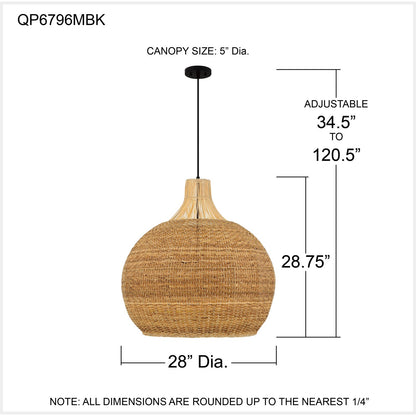 Quoizel Sycamore 28in 4-Light Pendant | Coastal Matte Black and Natural Rattan | Dining Room & Entryway | 28 x 28 x 28.75 in | Model QP6796MBK