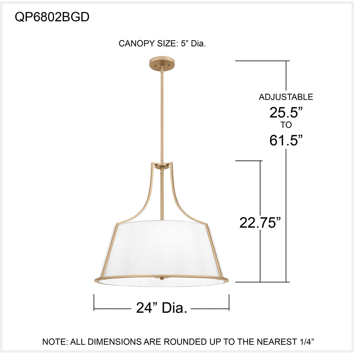 Quoizel Harte 24in 5-Light Pendant | Traditional Bronze Gold and White Fabric Drum | Dining Room & Foyer | 24 x 24 x 22.75 in | Model QP6802BGD