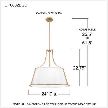 Quoizel Harte 24in 5-Light Pendant | Traditional Bronze Gold and White Fabric Drum | Dining Room & Foyer | 24 x 24 x 22.75 in | Model QP6802BGD