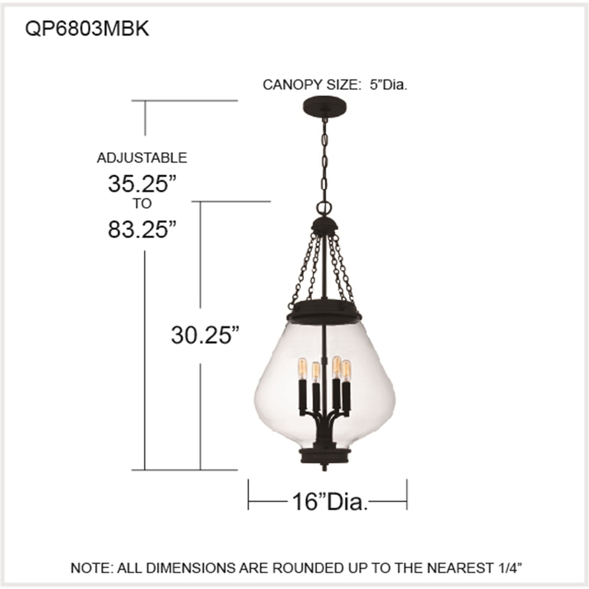 Quoizel Wallace 16in 4-Light Pendant | Traditional Matte Black and Clear Glass | Foyer & Entryway | 16 x 16 x 30.25 in | Model QP6803MBK