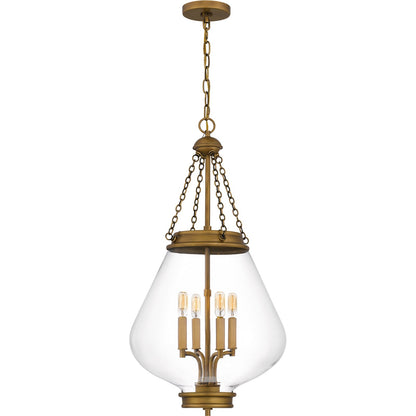 Quoizel Wallace 16in 4-Light Pendant | Traditional Weathered Brass and Clear Glass | Foyer & Entryway | 16 x 16 x 30.25 in | Model QP6803WS