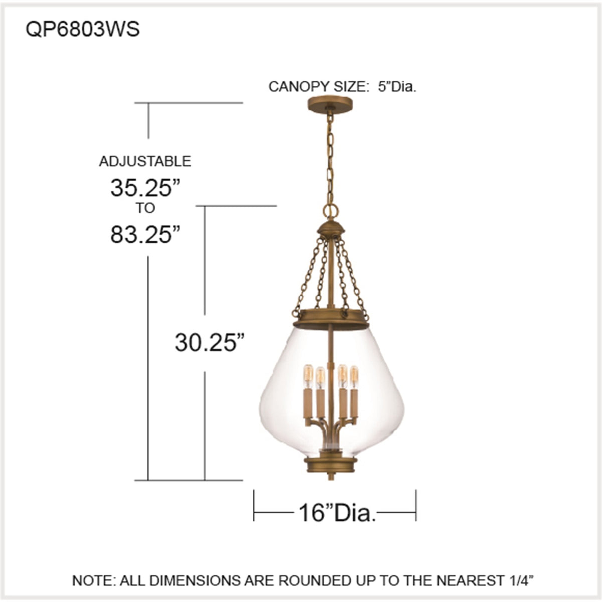 Quoizel Wallace 16in 4-Light Pendant | Traditional Weathered Brass and Clear Glass | Foyer & Entryway | 16 x 16 x 30.25 in | Model QP6803WS
