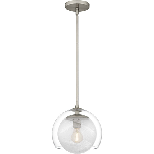 Quoizel Eslinger 10in 1-Light Mini Pendant | Modern Brushed Nickel and Clear Cloud Glass | Kitchen Island & Dining Room | Model QPP6774BN