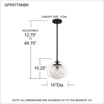 Quoizel Eslinger 10in 1-Light Mini Pendant | Modern Matte Black and Clear Glass | Kitchen Island & Dining Room | 10 x 10 x 10.25 in | Model QPP6774MBK