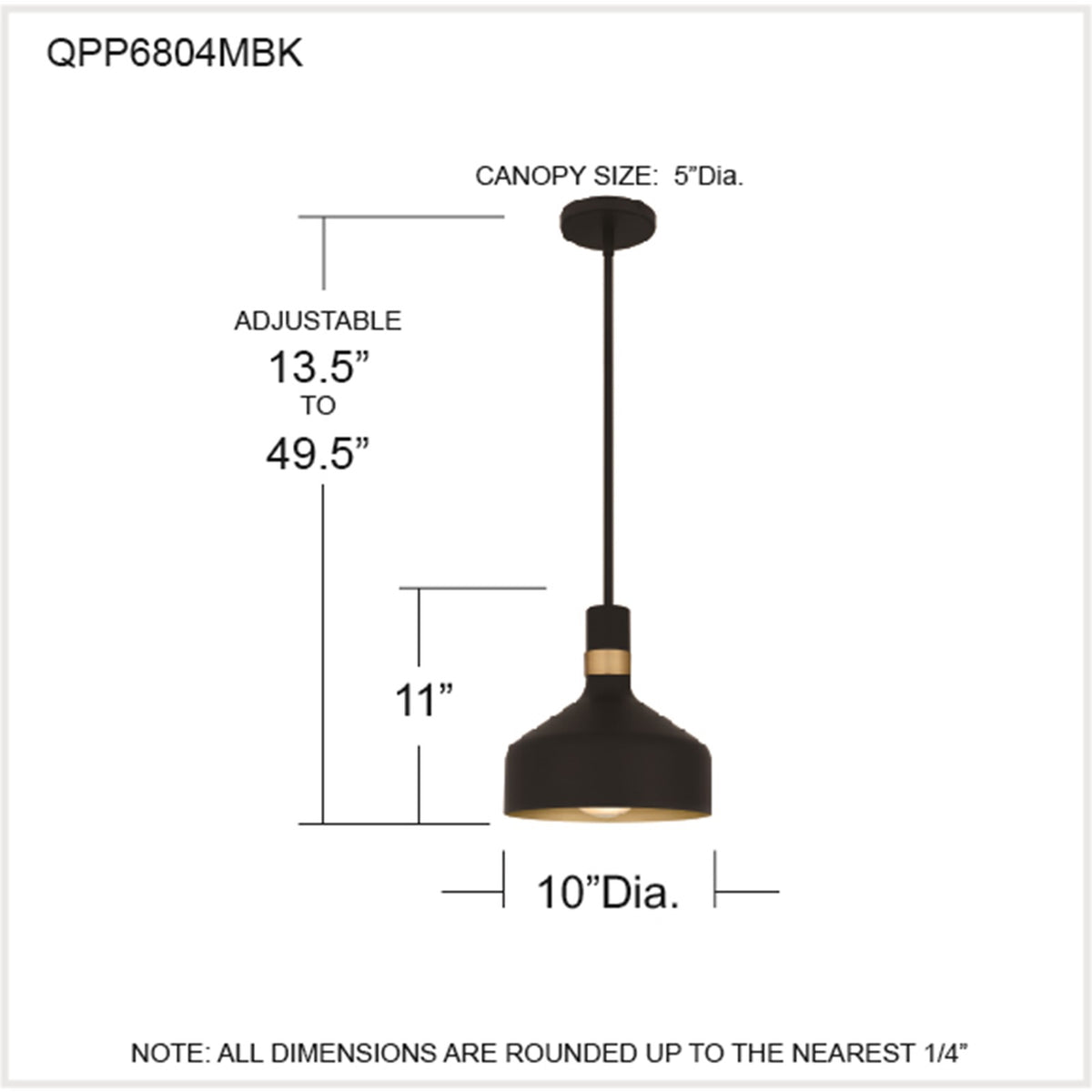 Quoizel Arbor 10in 1-Light Mini Pendant | Industrial Matte Black and Brass Band Steel | Kitchen Island & Bar | 10 x 10 x 11 in | Model QPP6804MBK
