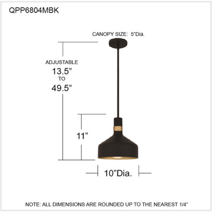 Quoizel Arbor 10in 1-Light Mini Pendant | Industrial Matte Black and Brass Band Steel | Kitchen Island & Bar | 10 x 10 x 11 in | Model QPP6804MBK