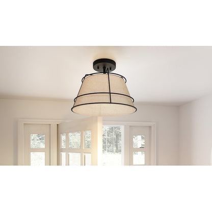 Quoizel Burbidge 1 Light Semi-Flush Mount, Matte Black/Cream Linen