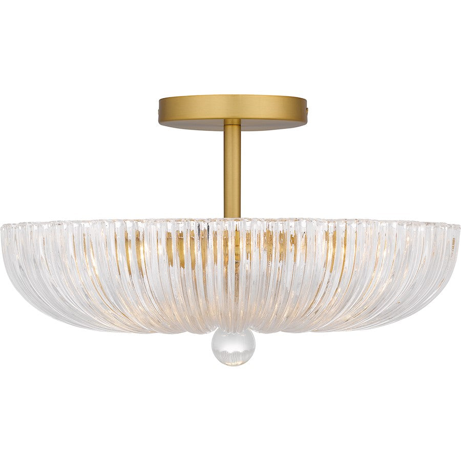Quoizel Belmond 3 Light Semi-Flush Mount, Gold/Clear Ribbed Glass