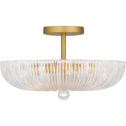 Quoizel Belmond 3 Light Semi-Flush Mount, Gold/Clear Ribbed Glass