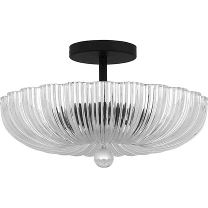 Quoizel Belmond 3 Light Semi-Flush Mount, Black/Clear Ribbed Glass