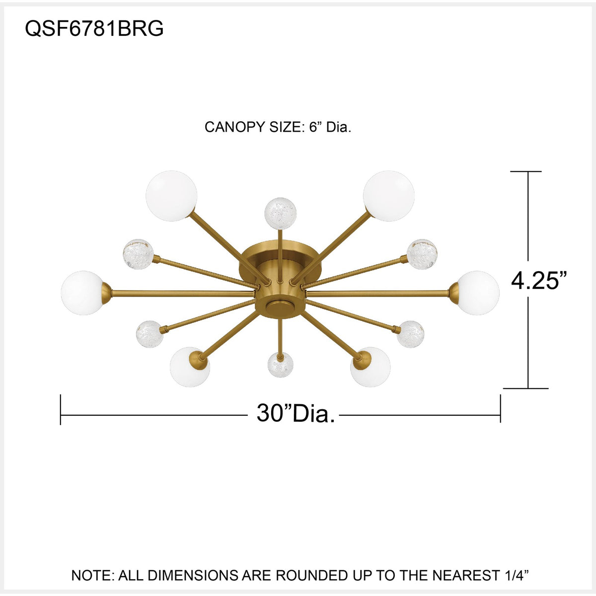 Quoizel Combe 30in 6-Light Semi-Flush Mount | Modern Brushed Gold and Opal Etched Glass | Living Room & Bedroom | 30 x 30 x 4.25 in | Model QSF6781BRG