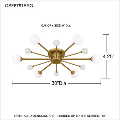 Quoizel Combe 30in 6-Light Semi-Flush Mount | Modern Brushed Gold and Opal Etched Glass | Living Room & Bedroom | 30 x 30 x 4.25 in | Model QSF6781BRG