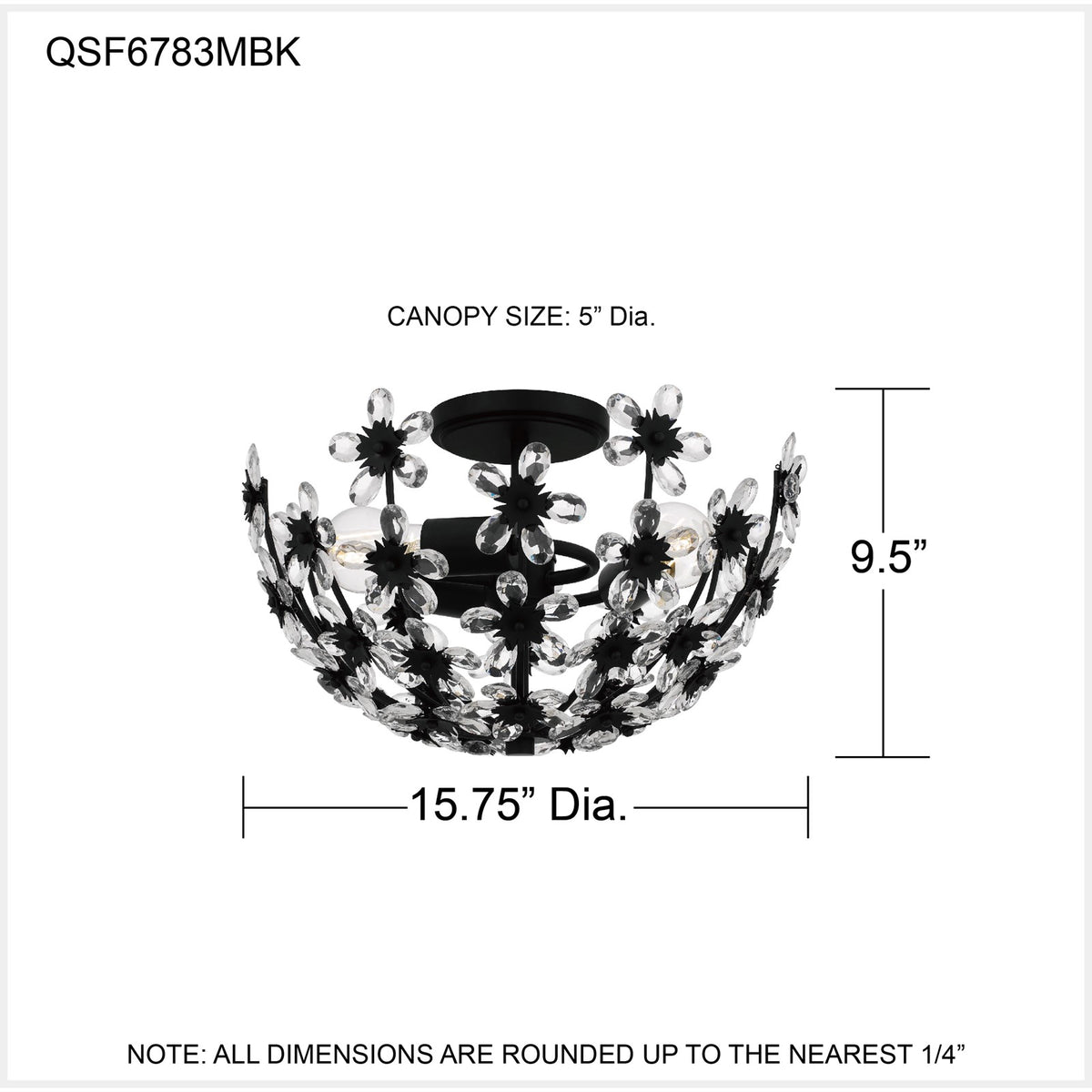 Quoizel Rosemary 15.75in 3-Light Semi-Flush Mount | Glam Matte Black and Clear Crystal Glass | Bedroom & Entryway | Model QSF6783MBK