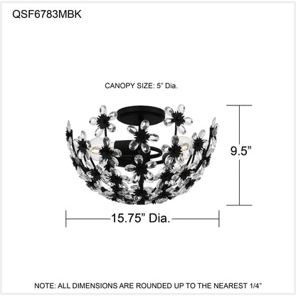 Quoizel Rosemary 15.75in 3-Light Semi-Flush Mount | Glam Matte Black and Clear Crystal Glass | Bedroom & Entryway | Model QSF6783MBK