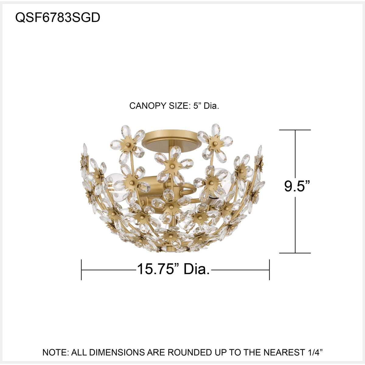 Quoizel Rosemary 15.75in 3-Light Semi-Flush Mount | Glam Soft Gold and Clear Crystal Glass | Bedroom & Entryway | Model QSF6783SGD