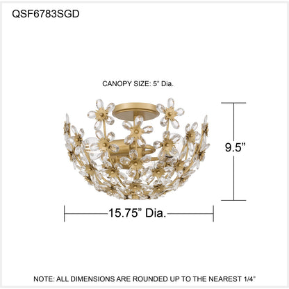 Quoizel Rosemary 15.75in 3-Light Semi-Flush Mount | Glam Soft Gold and Clear Crystal Glass | Bedroom & Entryway | Model QSF6783SGD