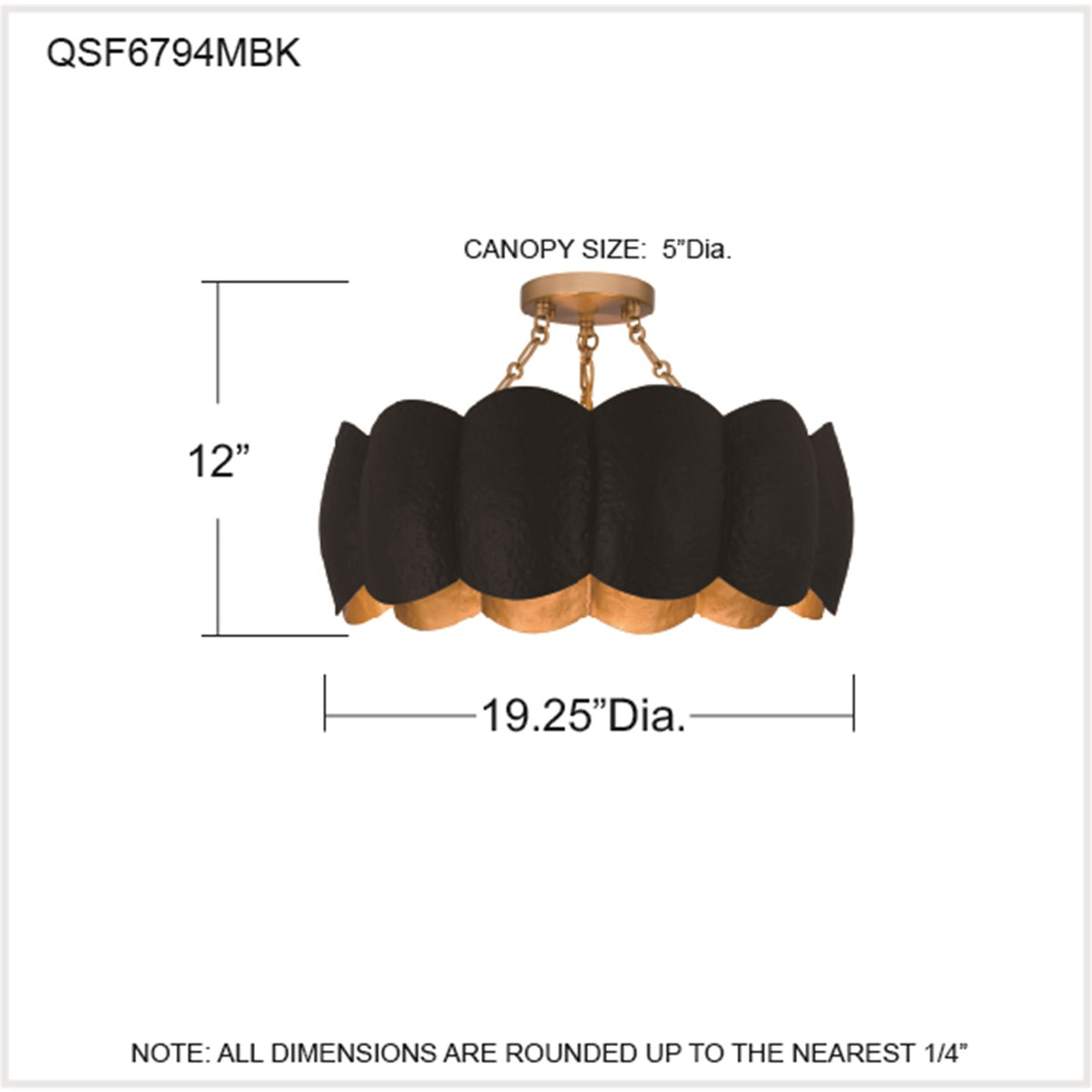 Quoizel Santana 19in 4-Light Semi-Flush Mount | Modern Matte Black and Gold Metal | Bedroom & Hallway | 19.25 x 19.25 x 12 in | Model QSF6794MBK