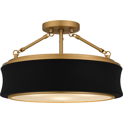 Quoizel Dylan 16in 3-Light Semi-Flush Mount | Modern Matte Black and Gold Clear Textured Glass | Bedroom & Hallway | Model QSF6801MBK