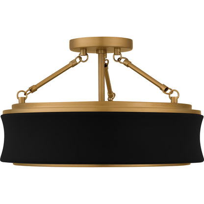 Quoizel Dylan 16in 3-Light Semi-Flush Mount | Modern Matte Black and Gold Clear Textured Glass | Bedroom & Hallway | Model QSF6801MBK
