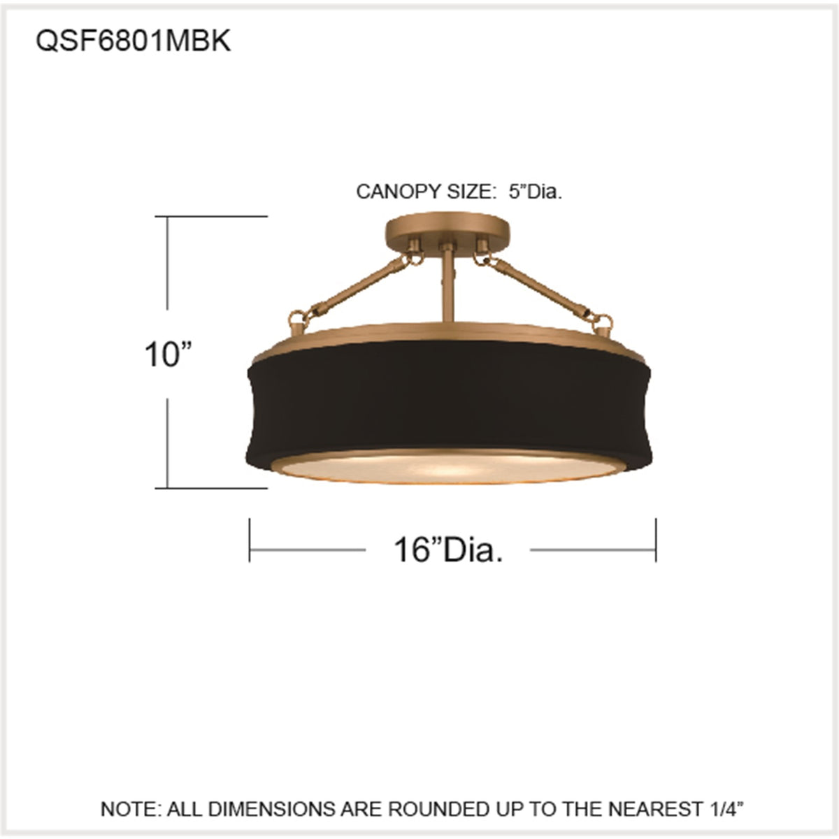 Quoizel Dylan 16in 3-Light Semi-Flush Mount | Modern Matte Black and Gold Clear Textured Glass | Bedroom & Hallway | Model QSF6801MBK