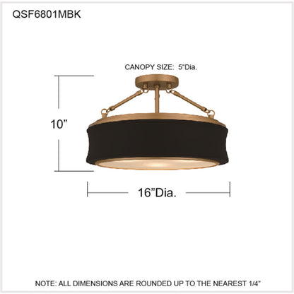 Quoizel Dylan 16in 3-Light Semi-Flush Mount | Modern Matte Black and Gold Clear Textured Glass | Bedroom & Hallway | Model QSF6801MBK