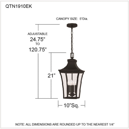 Quoizel Quentin 10in 4-Light Outdoor Hanging Lantern | Traditional Earth Black and Clear Glass | Porch & Entryway | 10 x 10 x 21 in | Model QTN1910EK