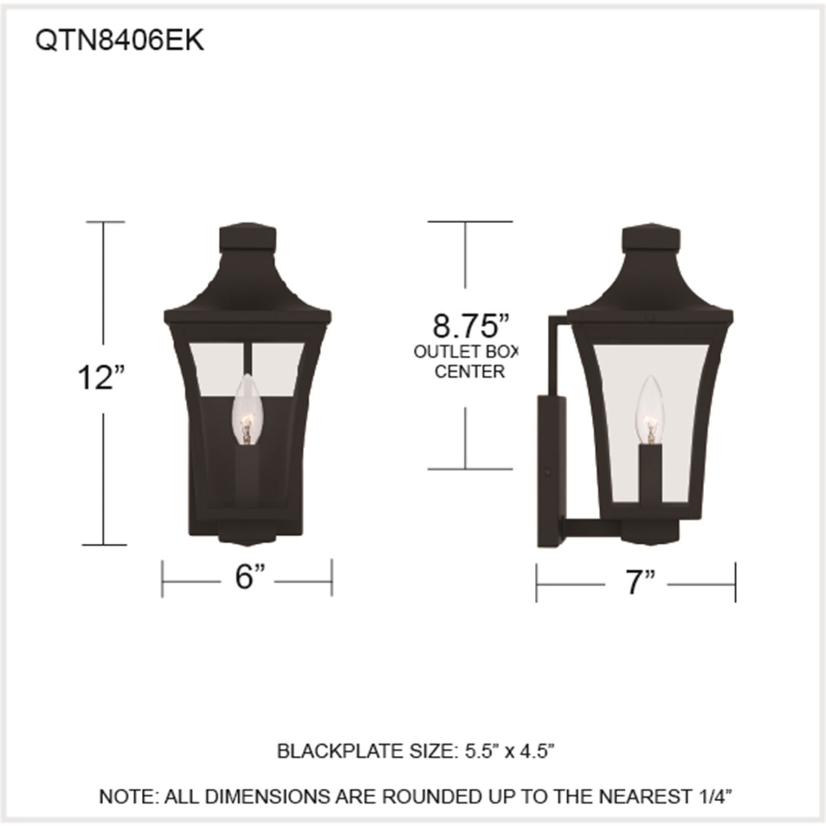 Quoizel Quentin 6in 1-Light Outdoor Wall Lantern | Traditional Earth Black and Clear Glass | Porch & Entryway | 6 x 7 x 12 in | Model QTN8406EK