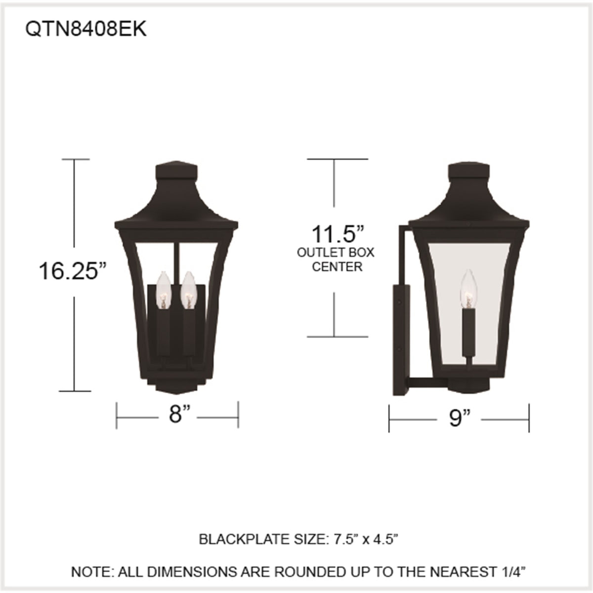 Quoizel Quentin 8in 2-Light Outdoor Wall Lantern | Traditional Earth Black and Clear Glass | Porch & Entryway | 8 x 9 x 16.25 in | Model QTN8408EK