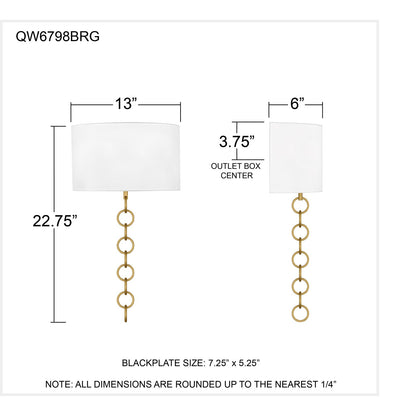 Quoizel Baynes 22in 2-Light Wall Sconce | Traditional Brushed Gold and White Fabric | Hallway & Bedroom | 13 x 6 x 22.75 in | Model QW6798BRG