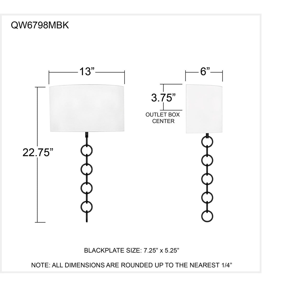 Quoizel Baynes 22in 2-Light Wall Sconce | Traditional Matte Black and White Fabric | Hallway & Bedroom | 13 x 6 x 22.75 in | Model QW6798MBK