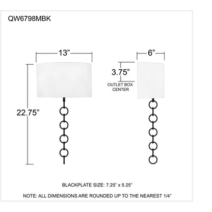 Quoizel Baynes 22in 2-Light Wall Sconce | Traditional Matte Black and White Fabric | Hallway & Bedroom | 13 x 6 x 22.75 in | Model QW6798MBK