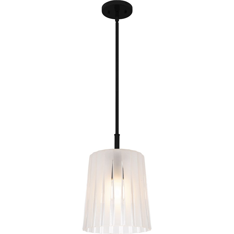 Quoizel Gray 10in 1-Light Mini Pendant | Transitional Matte Black and Clear Ribbed Glass | Kitchen Island & Bar | Model RAY1510MBK